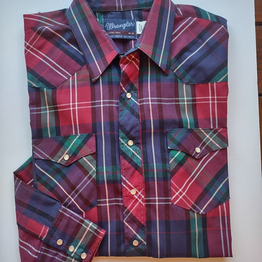 Vintage Wrangler Western Plaid Men's Shirt Pearl Snaps Size XL Tall - Picture 2 of 8